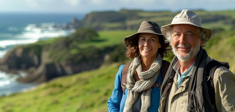 A happy older retired couple hiking along a scenic coastal trail, enjoying nature and an active lifestyle, capturing moments of joy and adventure during retirement