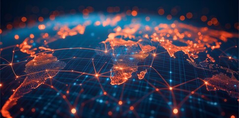 "Illuminated digital world map highlighting global connections and networks, symbolizing international communication, technology, and data exchange."

