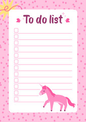 Adorable daily to do list template with pink unicorn. Stock vector illustration in flat cartoon style.