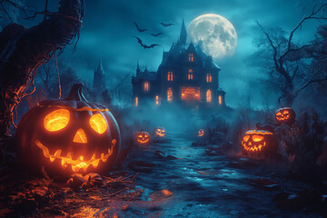 Glowing jack-o'-lanterns lead to a haunted house  in a spooky forest with a full moon, bats, and scary atmosphere on Halloween, creating a haunting and festive night scene