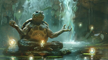 A wise old turtle sage meditating under a waterfall, surrounded by glowing orbs and radiating an aura of peace and tranquility.