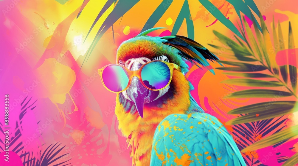 Poster A cool parrot in colorful sunglasses and bright plumage is set against a vibrant tropical beach scene, embodying fun and relaxation in a colorful setting on vacation