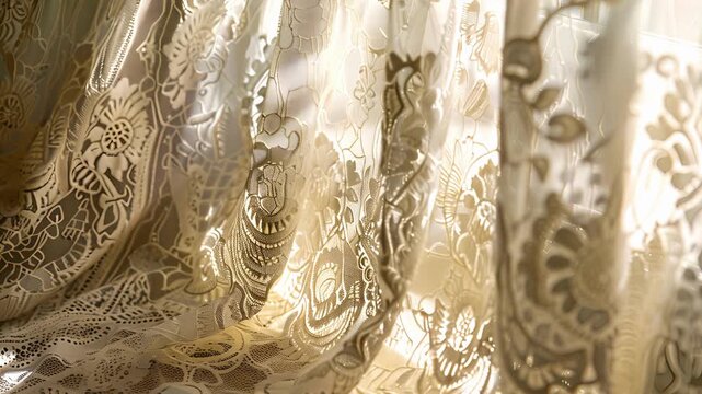 Sunlight filtering through lace curtains highlights the intricate lace patterns of the tablecloth creating a stunning interplay of light and delicate fabric.