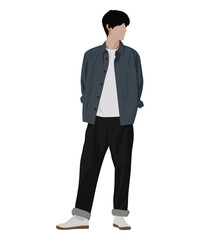 Vector illustration of a man in a gray shirt, white t-shirt and black pants. Casual with an accent