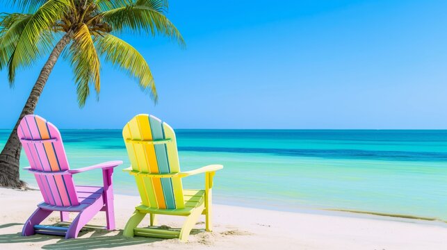 Two colorful beach chairs under a palm tree facing the ocean under a clear blue sky at a tropical beach designed for relaxation while on vacation after retirement
