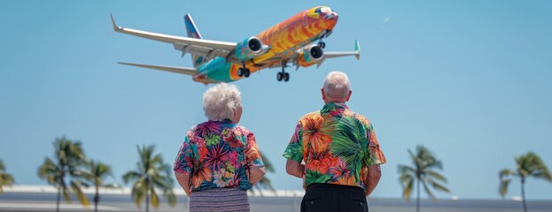 An elderly couple watching a colorful plane taking off at a tropical airport, symbolizing their love for vacation travel and adventures together in retirement