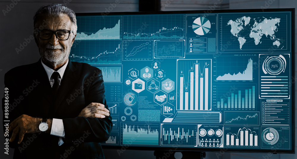 Poster data analysis for business and finance concept. interface showing future computer technology of prof