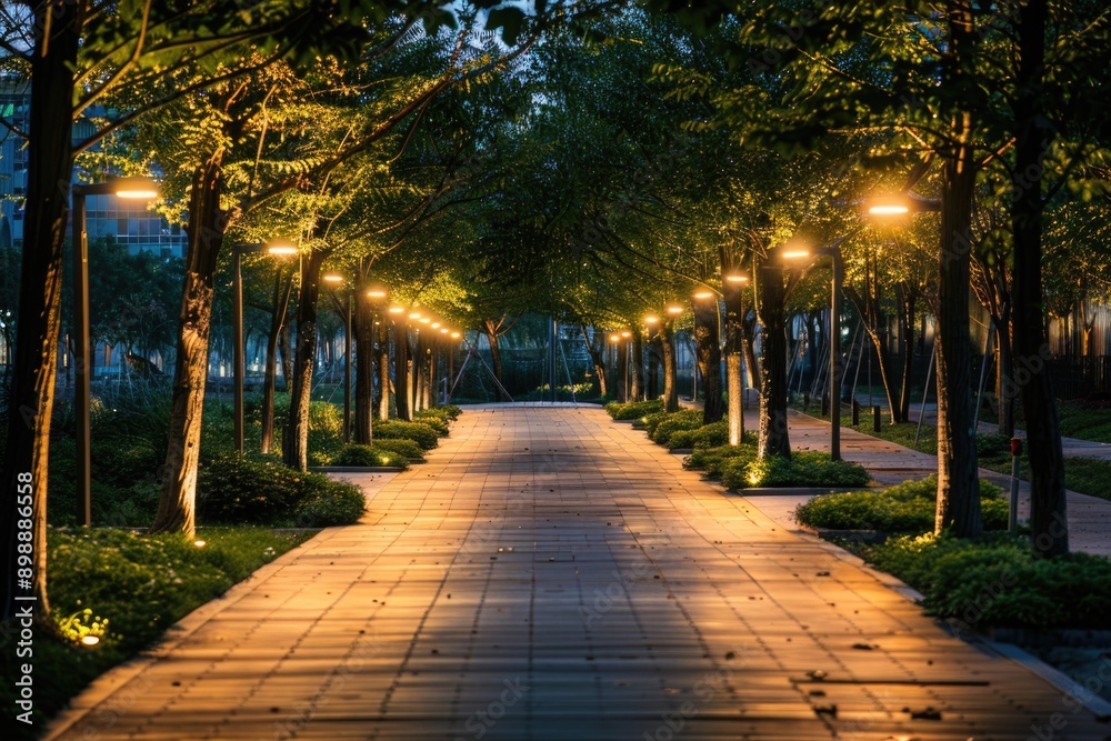 Aufkleber a serene night scene featuring a path surrounded by tall trees with soft lighting