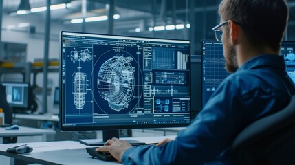 Over the shoulder shot of engineer working with cad software on desktop computer screen shows technical details and drawings. in the background engineering facility specialising on industrial design.