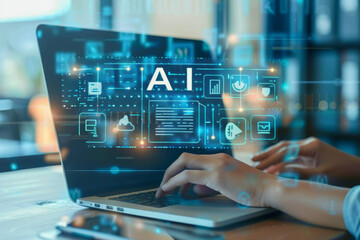 Chat with AI or Artificial Intelligence technology. Man touching chatting virtual with an intelligent artificial intelligence asks for answers he wants. Smart assistant futuristic, Chatbot, ChatGPT