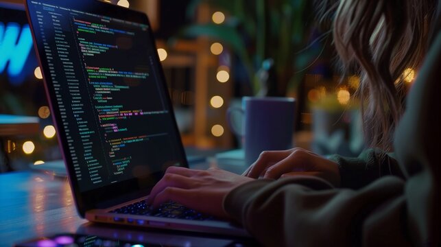 Closeup coding on screen woman hands coding html and programming on screen laptop development web developer.