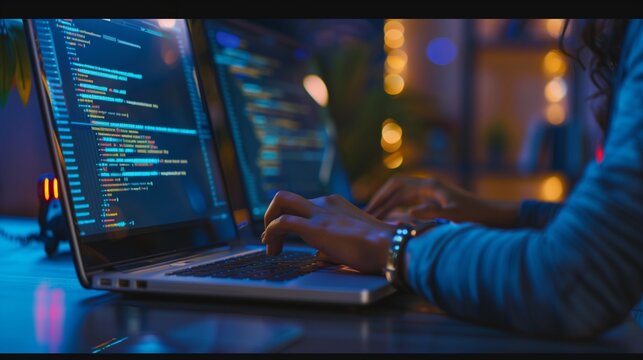 Closeup coding on screen woman hands coding html and programming on screen laptop development web developer.