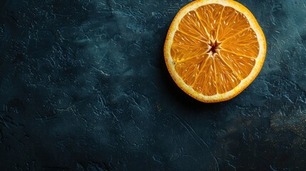 Orange slice on dark background with space for text close view