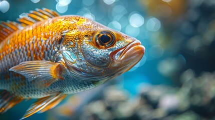 Fototapeta premium Vibrant orange and blue fish gracefully swims in a captivating aquarium filled with crystal clear blue water, showcasing colorful marine life