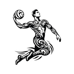 Fototapeta premium Volleyball male player in ethnic tribal pattern illustration, emblem shield badge