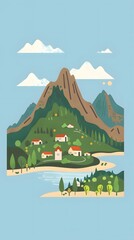 Naklejka premium Flat Illustration of a Mountain Landscape with Houses, Trees, and a River