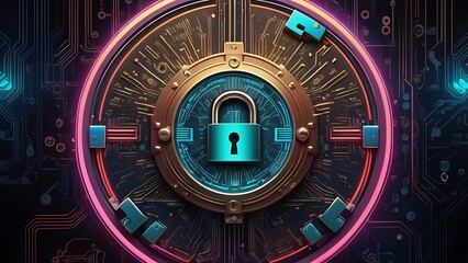 Obraz premium Neon padlock on circuit board; cyber security concept. Suitable for technology websites, data protection blogs, cybersecurity presentations, and digital security themes.
