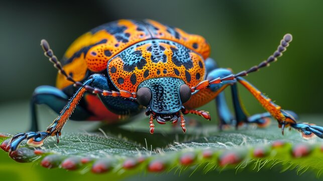 Macro close up of a colorful psychedelic tortoise beetle standing on a green leaf