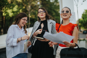 Group of businesswomen laughing and discussing work outdoors in a relaxed, joyful atmosphere. They appear happy and engaged, demonstrating teamwork and professional collaboration.
