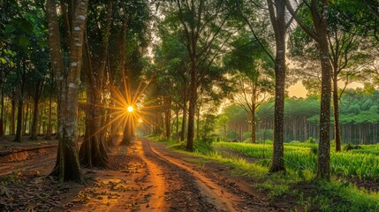 Fototapeta premium Rubber Tree Farm in Rural Area at Sunset with Text Space