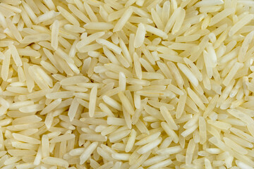 Macrophotograph of numerous basmati rice grains seen from the top in great detail.