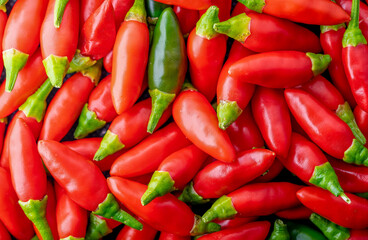Set of small red chillies, one green isolated.Use for image background.