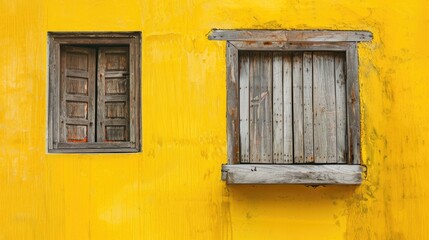 Aged Timber Window Against Yellow Wall