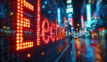 Election spelled in bold digital font on a stock market ticker screen, symbolizing the intersection of politics and financial markets during election cycles