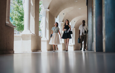 Three businesspeople walking outdoors under arcades on a sunny day, showcasing urban professional life and summer vibes.