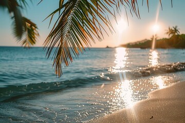 Fototapeta premium Scenic beach with palm trees and sunlit waves capturing the essence of tropical paradise relaxation and natural beauty in a serene visual