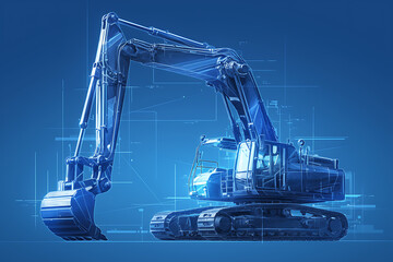 Heavy equipment illustrated in a wireframe style on a blue background,  intricate design and engineering details. The illustration emphasizes the complexity and functionality of heavy machinery