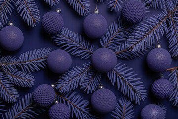 Fototapeta premium future dusk purple christmas ornaments and pine branches on dark background
