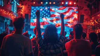 An election night watch party in America, with a crowd eagerly watching the results on a large screen
