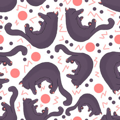 Seamless pattern with sleeping black cats and confetti color illustration