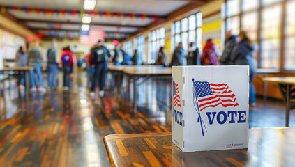 Vote booth at a busy polling station, USA Election Day, wide, copyspace, blurred background
