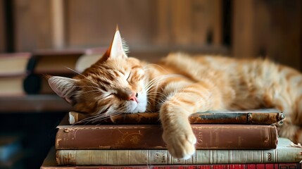 A cat is sleeping on a bed with a stack of books on top of it 