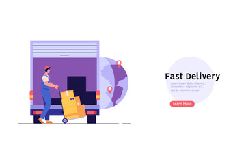 Concept of tracking delivery, order tracking, delivery service. Courier delivering package with GPS tracker. Customer tracking delivery. Vector flat cartoon illustration for UI web banner, mobile app