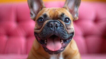 Obraz premium Happy french bulldog puppy is sticking out its tongue while posing on a pink sofa