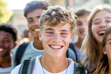 Obraz premium Group of teenagers with backpacks near building of school, college, university. Education, friendship, back to school concept