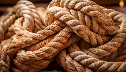 Close-up of ropes gathered and coiled up