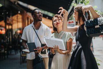 Diverse business partners analyzing financial statistics and strategizing for market growth. Teamwork and innovative thinking showcased in an outdoor setting.