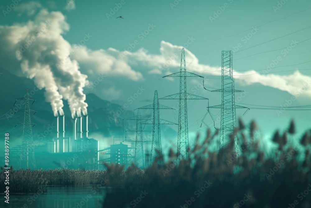 Aufkleber A scene showing power lines and a body of water, suitable for use in environmental or infrastructure context