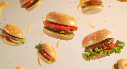Realistic 3D hamburgers falling in the air, on a light background.