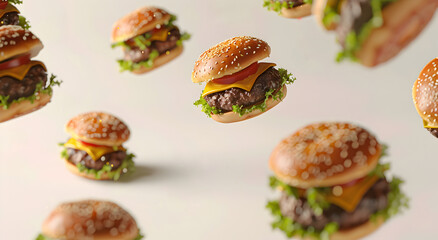 Realistic 3D hamburgers falling in the air, on a light background.