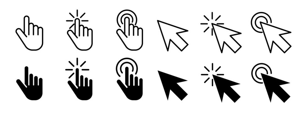 computer cursor pointer hand icon set. click here hand arrow vector symbol collection.