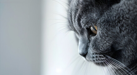 A gray sad cat looking down, close-up, on a light background.