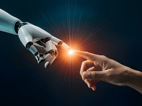 Mano met&aacute;lica de robot con rayos de luz de un dedo tocando una mano humana
