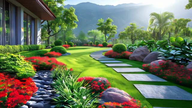 Garden path in the flower garden with sun light