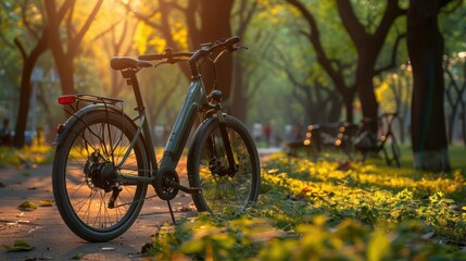 Fototapeta premium Electric bike parked in a scenic urban park representing eco-friendly transportation and green living