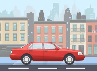 Red Car On City Street Illustration